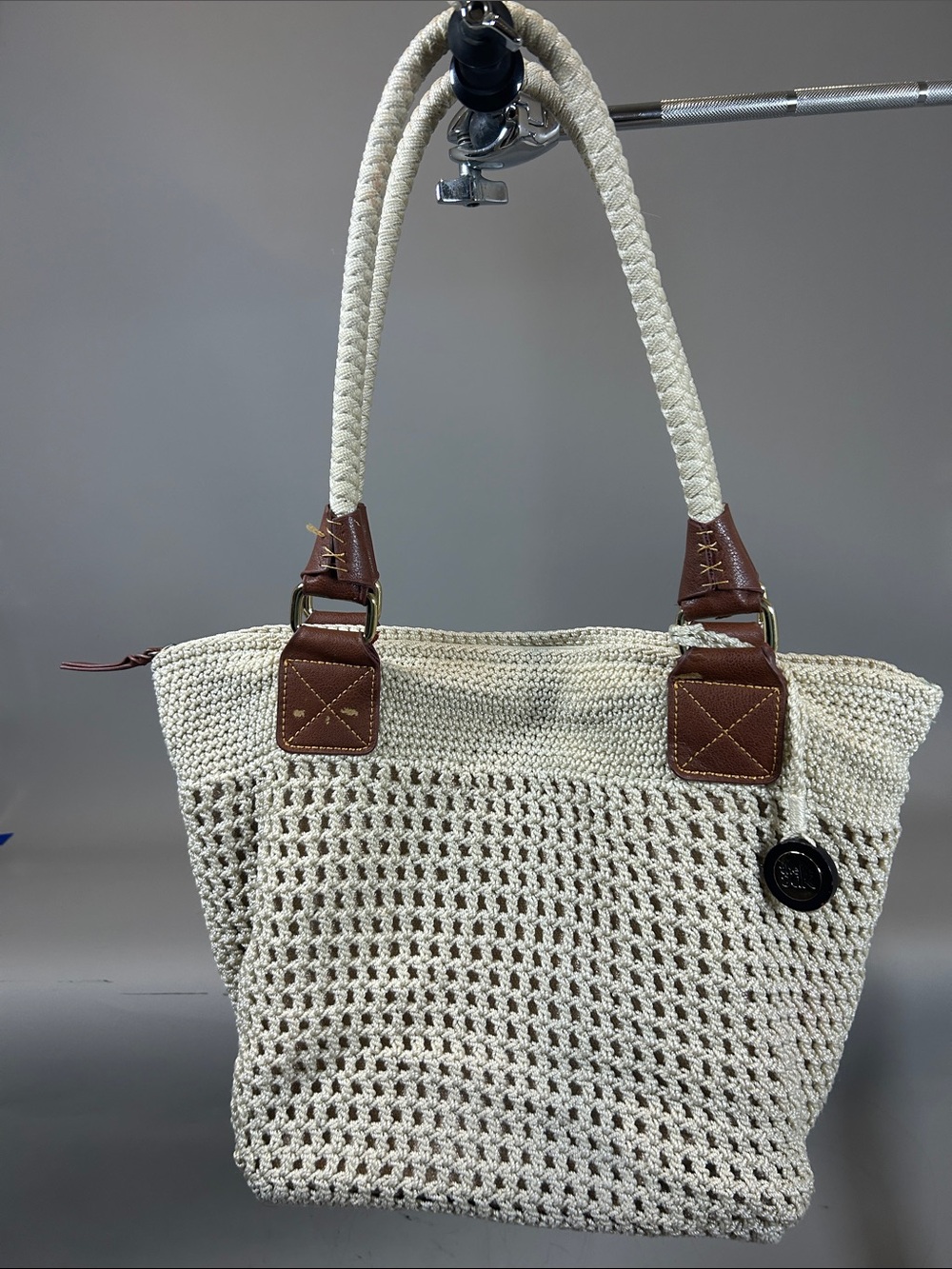 (10+) The Sak Cream Crochet Tote with Brown Trim and Braided Handles Used Clean
